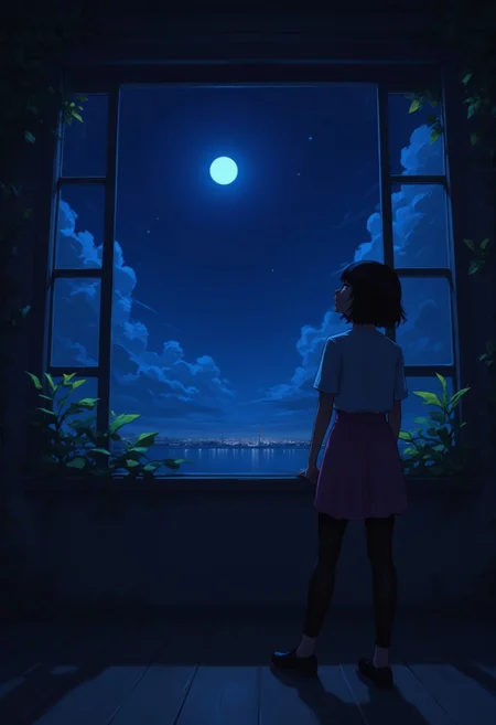 This is a digital illustration in a fantasy art style, featuring a girl with short black hair stands by a window at night, looking upward. The dark, blue-toned theme emphasizes the indoor, nighttime ambiance.