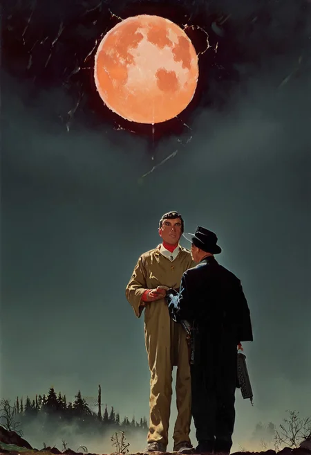 score_9, score_8_up, score_7_up, norman rockwell style, painting study by Norman Rockwell, 1950s style, 1930 clothing style, noir, high detail, cinematic lighting, retro aesthetic, illustration,
<lora:carcosa city style v2:0.9> In an ancient and mysterious world two detectives standing in misterious forest, 2boys, detectives, young, old, suits, trench coats, hats, 1boy, (30 years old, holding gun, Rust Cohle,), 2 boy, (old, holding scotch bottle, Rust Cohle),
BREAK full body shot, in a forest, moon in sky, moonlight beams going through the window,
BREAK detailed, different,( unique:0.9), cinematic, dramatic, concept art, filmic, detailed background, detailed settings, Eerie, unsettling, dark, spooky, suspenseful, grim, highly detailed
BREAK 1950s clothing style, illustration, norman rockwell style, easynegative, Expressiveh, pinup, carcosa city style, true detective style
