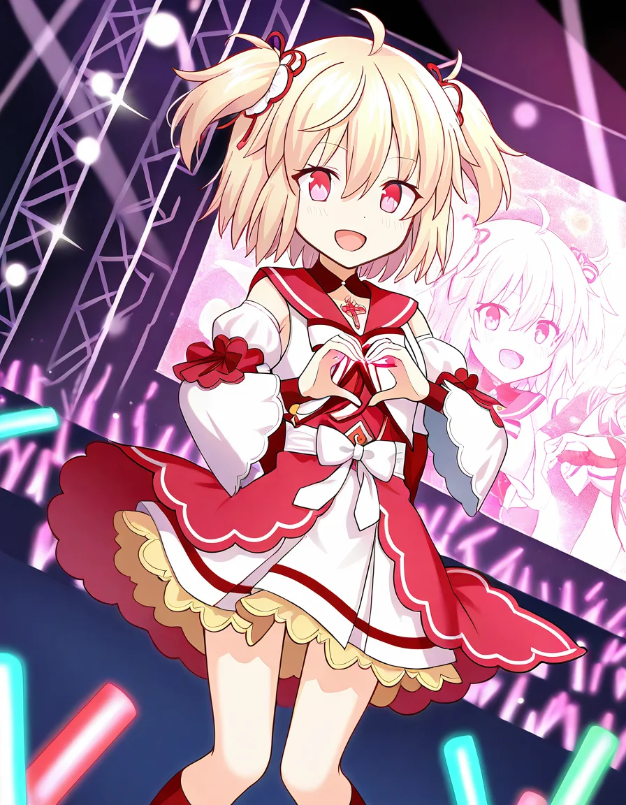 masterpiece, best quality, newest, absurdres, highres, safe, 1girl, ayano rika, magia record: mahou shoujo madoka magica gaiden, solo, heart hands, closed one eye, stage, glowstick, dutch angle, <lora:ayano_rika_noobaiXLNAIXL_vPred10Version:0.7>