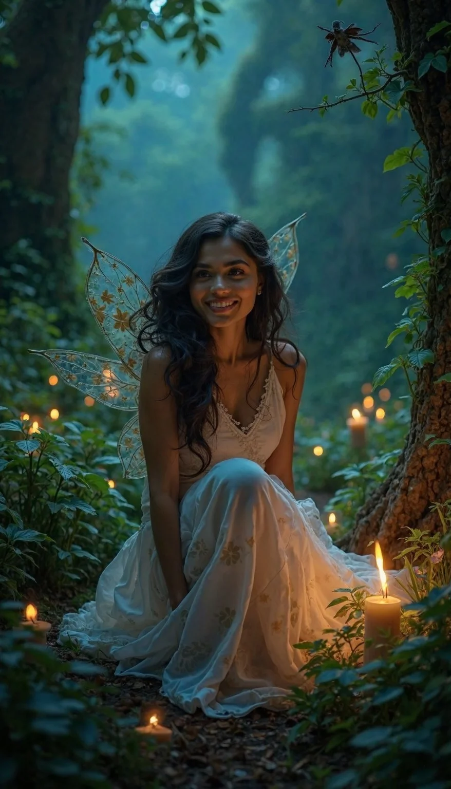 joyful Latina woman, flowing fairy dress, enchanted forest, twilight, enchanted smile, sitting pose, fantasy, magical, lush greenery, glowing plants, intricate details, whimsical, ethereal, soft lighting, fantasy creatures, mystical atmosphere, high-definition, vibrant colors, dreamlike
<lora:realism_lora:1> <lora:paradiffflux:1>