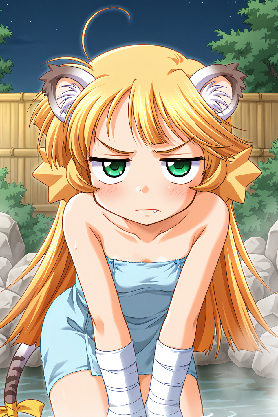 masterpiece, best quality, absurdres, official art, official style, general BREAK <lora:ouki-torakapu_IL_v1-1:0.7>, ouki, 1girl, solo, green eyes, blonde hair, sidelocks, long hair, ahoge, no headwear, flat chest, fang, closed mouth, tiger girl, tiger ears, animal ear fluff, tiger tail, tail ribbon, yellow ribbon, naked towel, green towel, bandaged arm, bandaged hand, blush, collarbone, looking at viewer, bare shoulders, fang out, frown, cowboy shot, jitome, small breasts, standing, leaning forward, annoyed, outdoors, onsen, night, night sky, partially submerged, steam