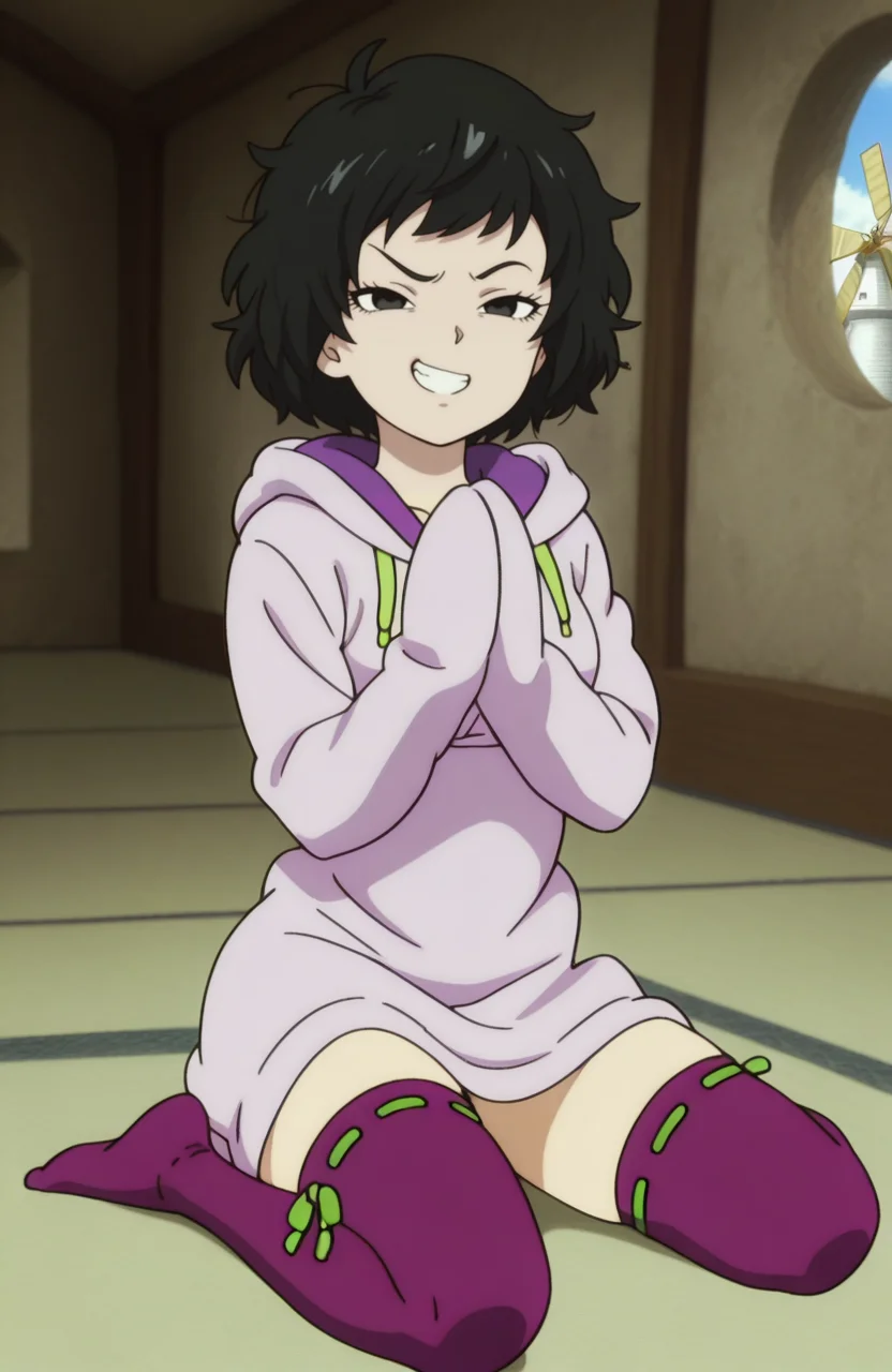 <lora:anatomy_helper:0.8> 1girl, solo, <lora:Broly_v1:0.9> dbsb,
purple fur-trimmed hoodie, sleeves past fingers, long sleeves , hood down, pink dress, taut dress, green ribbon-trimmed thighhighs, no shoes, <lora:p5kawakami-ill:0.7> p5kawakami, black hair, short hair,
windmill, Hands in prayer position, (Teasing grin), extremely detailed, highres, masterpiece, best quality