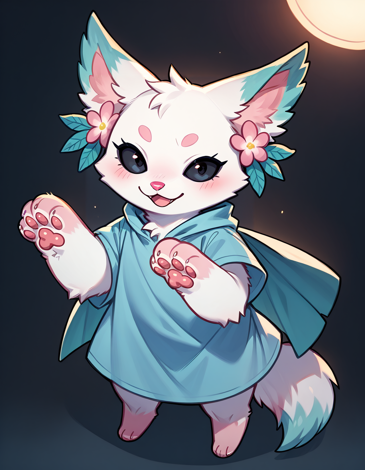score_9, score_8_up, score_7_up, source_furry, Minto, white fur, black sclera, black eyes, pink nose, paws, tail,turquoise edges at the ears, <lora:Minto_XL:0.8>  <lora:RealisticAnime:1>