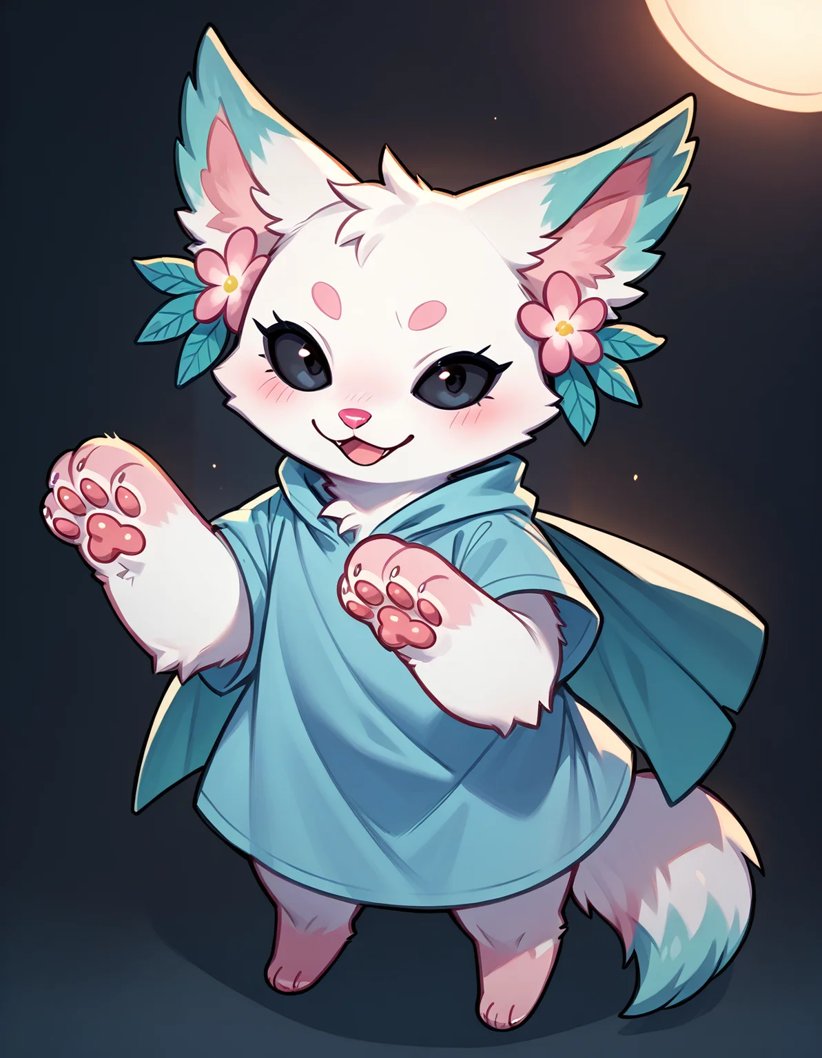 score_9, score_8_up, score_7_up, source_furry, Minto, white fur, black sclera, black eyes, pink nose, paws, tail,turquoise edges at the ears, <lora:Minto_XL:0.8>  <lora:RealisticAnime:1>