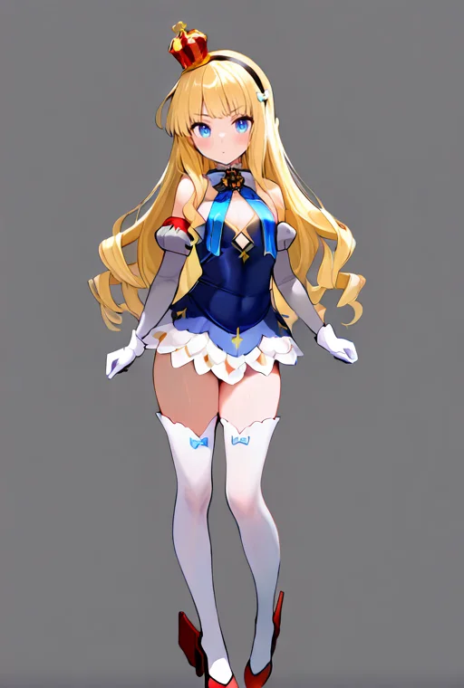 masterpiece, High quality, Ultra detailed, 2d, newest, absurdres, highres, BREAK
1girl, solo, <lora:QNELI_v2_LISETTElora:0.8>, qneli, long hair, blonde hair, mini crown, black hairband, blue eyes,
small breasts, qnelidef, blue bow, short dress, dress, bare shoulders, detached sleeves, white gloves, white thighhighs, footwear, rudder footwear,
full body, standing, looking at viewer,