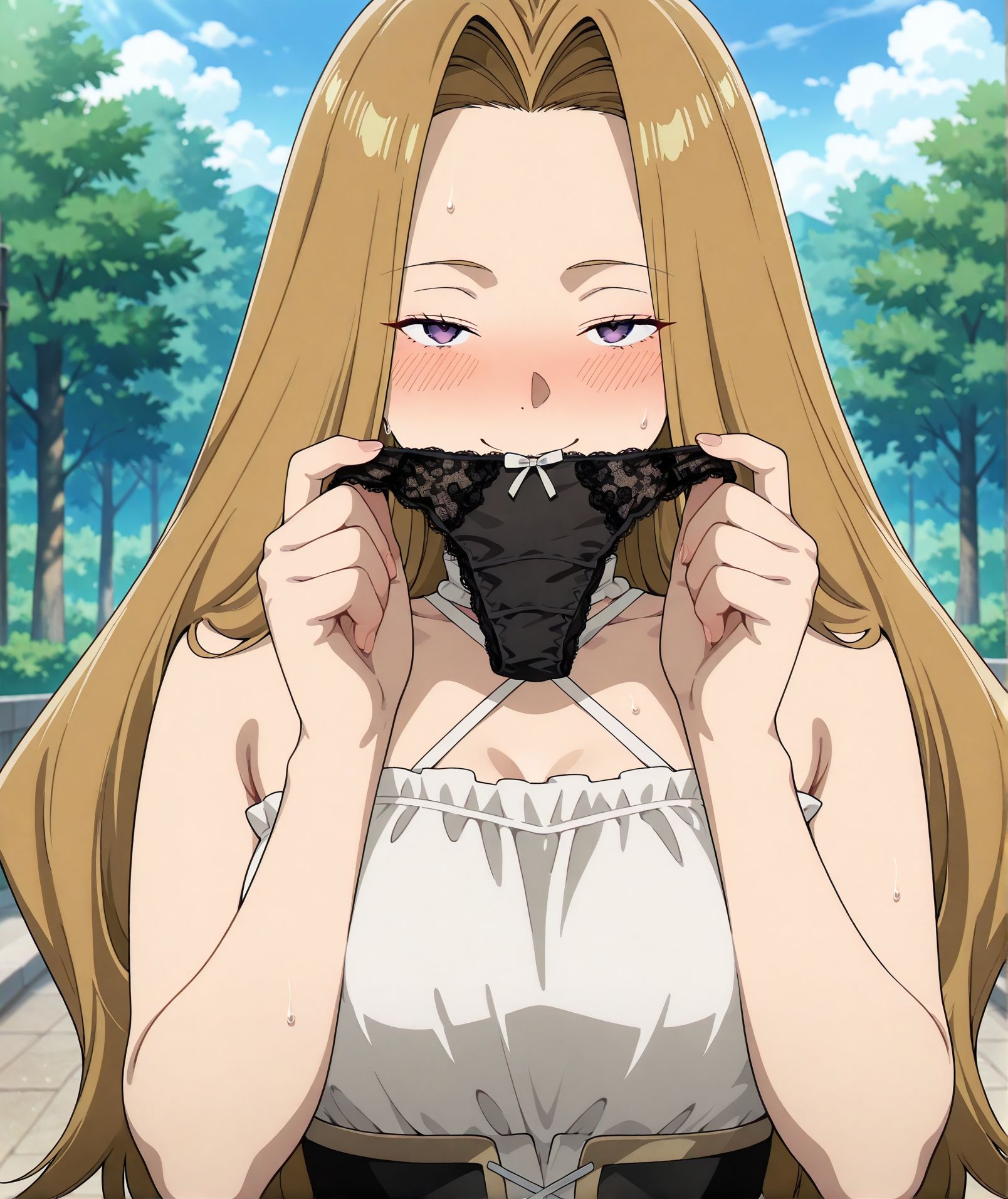 <lora:add-detail-xl:0.5>,,masterpiece, best quality, newest, absurdres, highres, detailed eyes, beautiful, detailed background, perfect eyes, anime coloring, anime screencap,
<lora:Holding_panties:0.5>Holding_pantiesV1,
1girl,solo,sweater,panties,underwear,holding,sexy panties, 
looking at viewer, upper body, blush, naughty face, smelling panties, 
(holding panties near face),sweat, steam, lace panties, 
<lora:Frieren_Methode:1>,
outdoors, methode, light brown hair, purple eyes, long hair, parted bangs, forehead, sleeveless, criss-cross halter, white shirt, corset, underbust, cross-laced corset, cross-laced clothes, black shorts, red pantyhose, 
methode \(sousou no frieren\), 
sousou no frieren, official art, 
20YO, milf,adult,