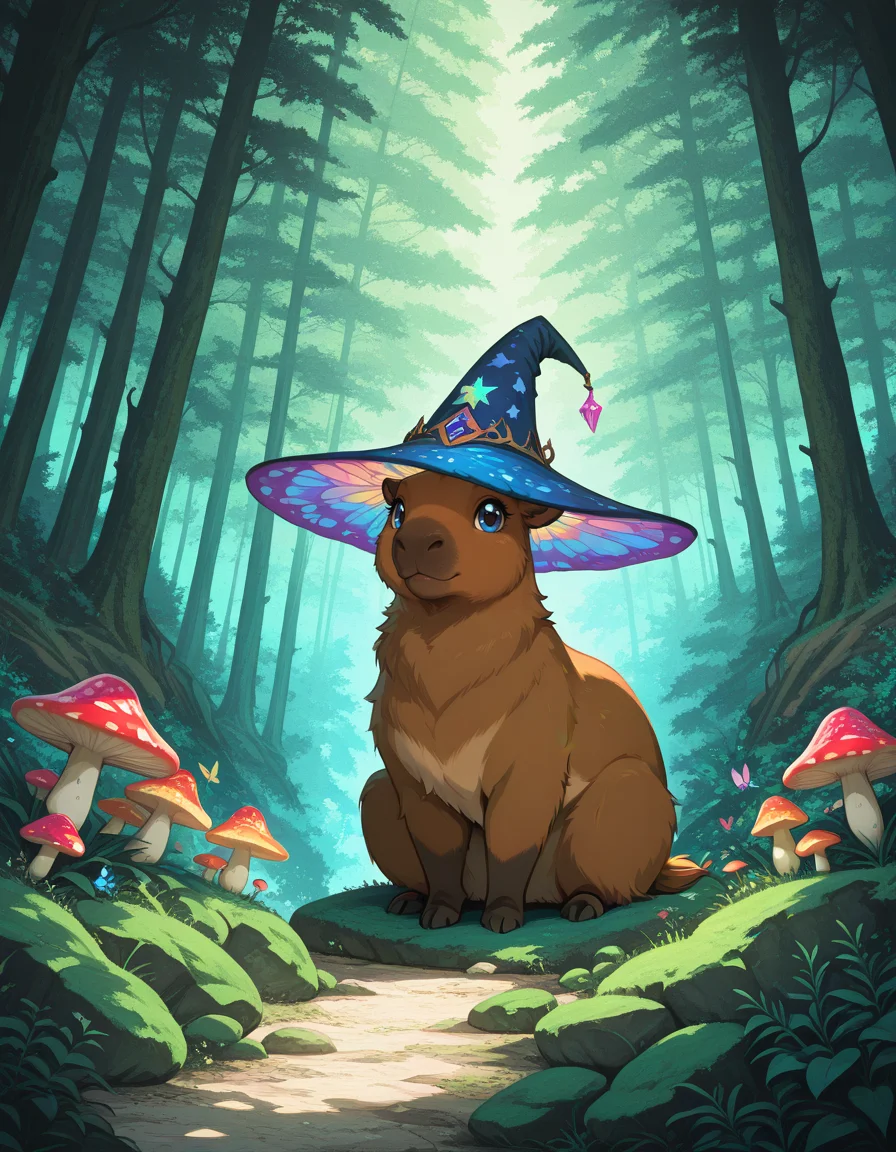 <lora:MelancholyAnime:0.5>, melanch0ly, retro anime, <lora:MoriiMee_Gothic_Niji_Style_Illustrious_r1:0.5>, (masterpiece, best quality, ultra-detailed, absurdres, newest, detailed textures, correct anatomy:1),
cute capybara sitting cross-legged on a large mushroom, big eyes, wearing a wizard hat with a star pattern, vibrant forest background, soft lighting, fantasy, whimsical, magical, colorful butterflies fluttering around, dainty flowers scattered on the ground and mushroom cap, lush greenery, rocks and moss, enchanting atmosphere, dreamy, adorable, fantasy creature, soft fur, innocent expression, bright and cheerful, detailed shading, high contrast, centered composition, serene environment, peaceful forest scene, magical forest, cute and charming, soft and fluffy