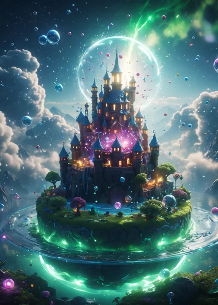 xslx, magical enchanted castle perched on a floating island, surrounded by swirling clouds and a glowing, ethereal mist. The castles spires reach towards the heavens, their tips glowing with a mystical light that illuminates the night sky with floating particles, depth of field, highly detailed, Elastic, Sun Rays, electric green <lora:fx-01:1>