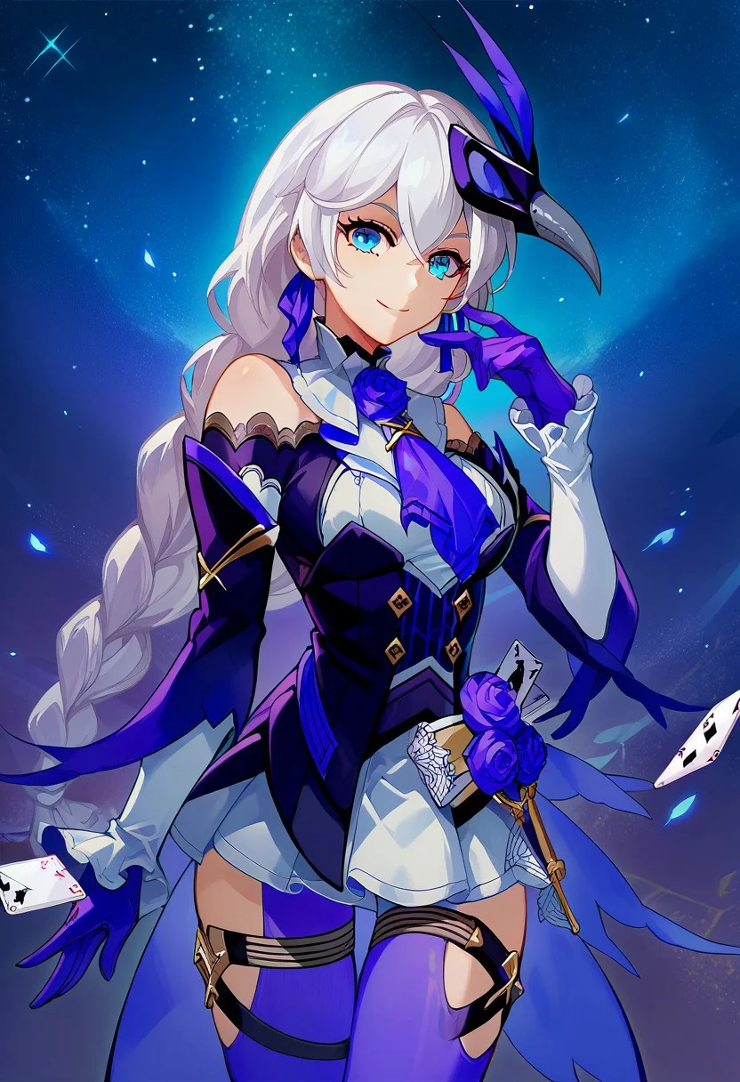 score_9, score_8_up, score_7_up, source_anime, good anatomy, vibrant colors, 1girl, solo, KallenRogueSixthSerenade, white hair, braided hair, blue eyes, hair between eyes, violet hair ribbon, violet ascot, violet roses, white collar, frilled collar, white undershirt, dark purple overshirt, golden buttons, bare shoulders, shoulder cutout, white sleeves, purple gloves, white skirt, miniskirt, purple pantyhose, thigh cutouts, cards, thigh straps, raven mask, purple feather, standing, official art, smiling, posing, contrapposto, starry sky background