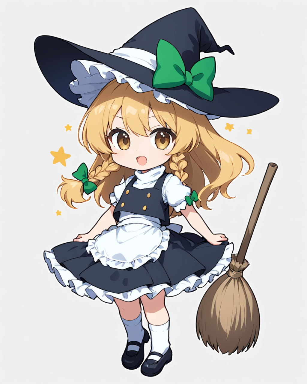 kirisame marisa,1girl, solo, witch_hat, broom, open_mouth, chibi, single_braid, mary_janes, waist_apron, looking_at_viewer, black_footwear, :d, white_bow, white_background, puffy_short_sleeves, black_skirt, black_vest, full_body, hat_bow, simple_background, v-shaped_eyebrows, frilled_skirt, white_socks, hair_bow, white_shirt, turtleneck, skirt_set, side_braid, bobby_socks, green_bow, black_headwear
<lora:kirisame_marisa_image6213_2023-12-11-000007:1>,star-shaped_pupils,symbol-shaped_pupils,. gorgeous,key visual, vibrant, studio anime,award-winning, professional, highly detailed,high budget, cinemascope