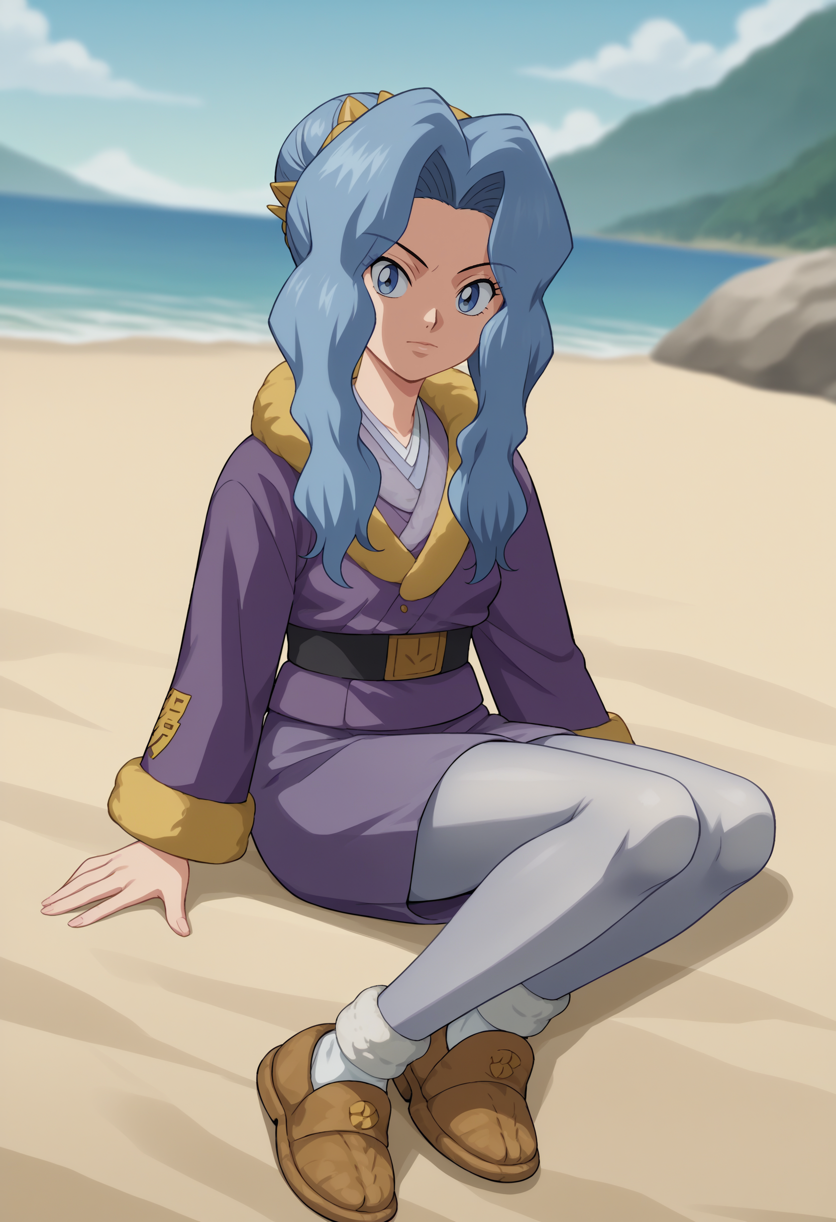 score_9, score_8_up,score_7_up, source_anime, 1girl, solo, <lora:Snq_pdxl_EliPot:1>, SQNA, long hair, blue hair, blue eyes, mature female, 
purple jacket, purple skirt, fur trim, japanese clothes, grey pantyhose, shoes, brown footwear, white shirt,
isle, beach, blurry background, anime screencap, anime colouring, 1990s \(style\), retro artstyle, sugimori ken \(style\),