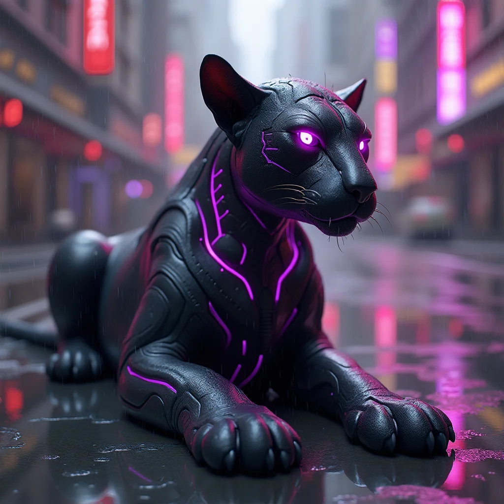 cyberpunk neon sphinx::1.2, jet black obsidian body::1.0, glowing purple neon details::1.1, sleek futuristic design::0.9, purple neon eyes::0.8, digital circuit patterns::0.8, holographic hieroglyphics::0.7, midnight black panther-sphinx hybrid::0.9, purple energy flowing through cracks::0.9, high contrast::0.8, cybernetic enhancements::0.7, neo-egyptian aesthetic::0.8, purple light reflections::0.7, dark reflective surface::0.8, rain-slicked urban setting::0.6, neon-lit cityscape background::0.7, cyberpunk atmosphere::1.0, violet and magenta accents::0.8, technological ancient fusion::0.7, glowing runes::0.6, digital haze::0.5, night scene::0.7, ultraviolet lighting::0.9, sleek glossy finish::0.7, synthetic material::0.6, enigmatic pose::0.8, retrofuturistic::0.6, blade runner aesthetic::0.7, sinister gaze::0.6, biomechanical elements::0.5