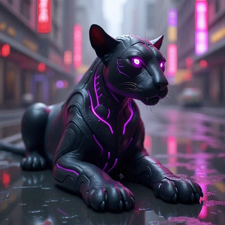 cyberpunk neon sphinx::1.2, jet black obsidian body::1.0, glowing purple neon details::1.1, sleek futuristic design::0.9, purple neon eyes::0.8, digital circuit patterns::0.8, holographic hieroglyphics::0.7, midnight black panther-sphinx hybrid::0.9, purple energy flowing through cracks::0.9, high contrast::0.8, cybernetic enhancements::0.7, neo-egyptian aesthetic::0.8, purple light reflections::0.7, dark reflective surface::0.8, rain-slicked urban setting::0.6, neon-lit cityscape background::0.7, cyberpunk atmosphere::1.0, violet and magenta accents::0.8, technological ancient fusion::0.7, glowing runes::0.6, digital haze::0.5, night scene::0.7, ultraviolet lighting::0.9, sleek glossy finish::0.7, synthetic material::0.6, enigmatic pose::0.8, retrofuturistic::0.6, blade runner aesthetic::0.7, sinister gaze::0.6, biomechanical elements::0.5
