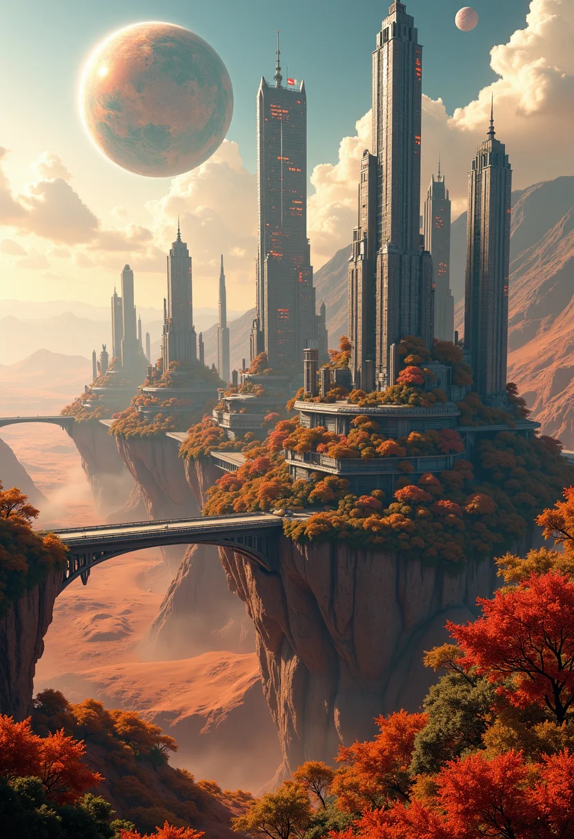 photorealistic,highly detailed,islands floating in space,covered by shimmering force field,orbiting mars,different altitudes,land bridges,lush foliage,towering futuristic,skyscrapers,shuttles flying down to the planet,sci-fi,magical,8k,unreal engine,octane render,ray tracingThe islands are positioned at varying altitudes and interconnected by expansive land bridges.,<lora:Flux_Detailer_v3:0.8>,Jeddtlv3,
