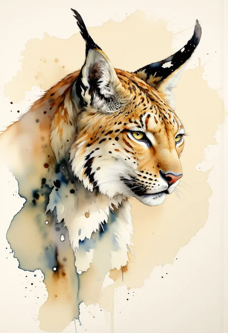 A watercolor painting of a lynx's head. The lynx is facing towards the right side of the image, with its head turned slightly to the left. Its fur is a mix of brown and white, with hints of orange and blue. Its eyes are a piercing yellow, and its nose is a deep red. The background is a light beige color, with splashes of blue and brown scattered throughout. The painting is done in a realistic style, with the lynx appearing soft and lifelike. The overall mood of the painting is peaceful and serene. Ink splashes, wild animal, fawn, spray art.
