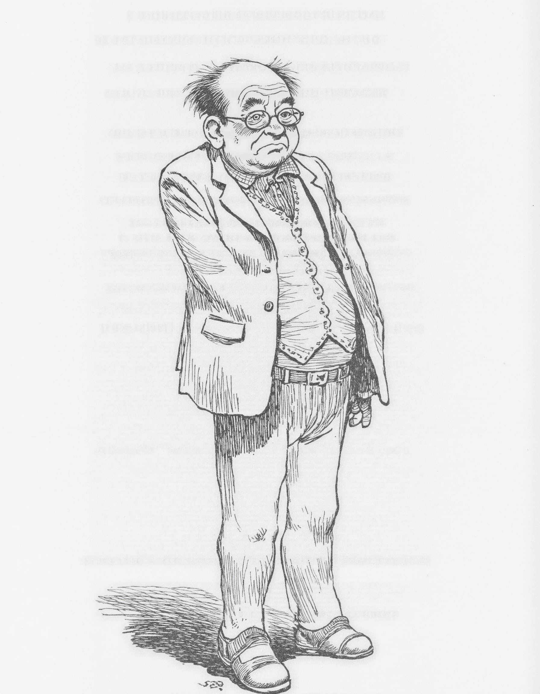 <lora:mig4v:1>,This image is a black and white line drawing, likely created with ink on paper, depicting an elderly man standing with a contemplative or sad expression. The man is drawn in a detailed, almost cartoonish style, with exaggerated features and expressive facial expressions. He has a bald head, thinning hair, and wears glasses, which add to his serious demeanor. His clothing is meticulously detailed, including a suit jacket with a vest, a shirt with a collar, and trousers. The jacket has a belt around the waist, and the trousers are tucked into his shoes, which are simple and practical. The man is standing with his hands clasped in front of him, looking down at the ground, suggesting a moment of reflection or concern. The background is minimal, with only a few sparse lines indicating shadows and ground texture, which keeps the focus on the man. The overall style is reminiscent of early 20th-century cartooning or illustrative art, with a focus on clear, defined lines and shadows to create depth and form.