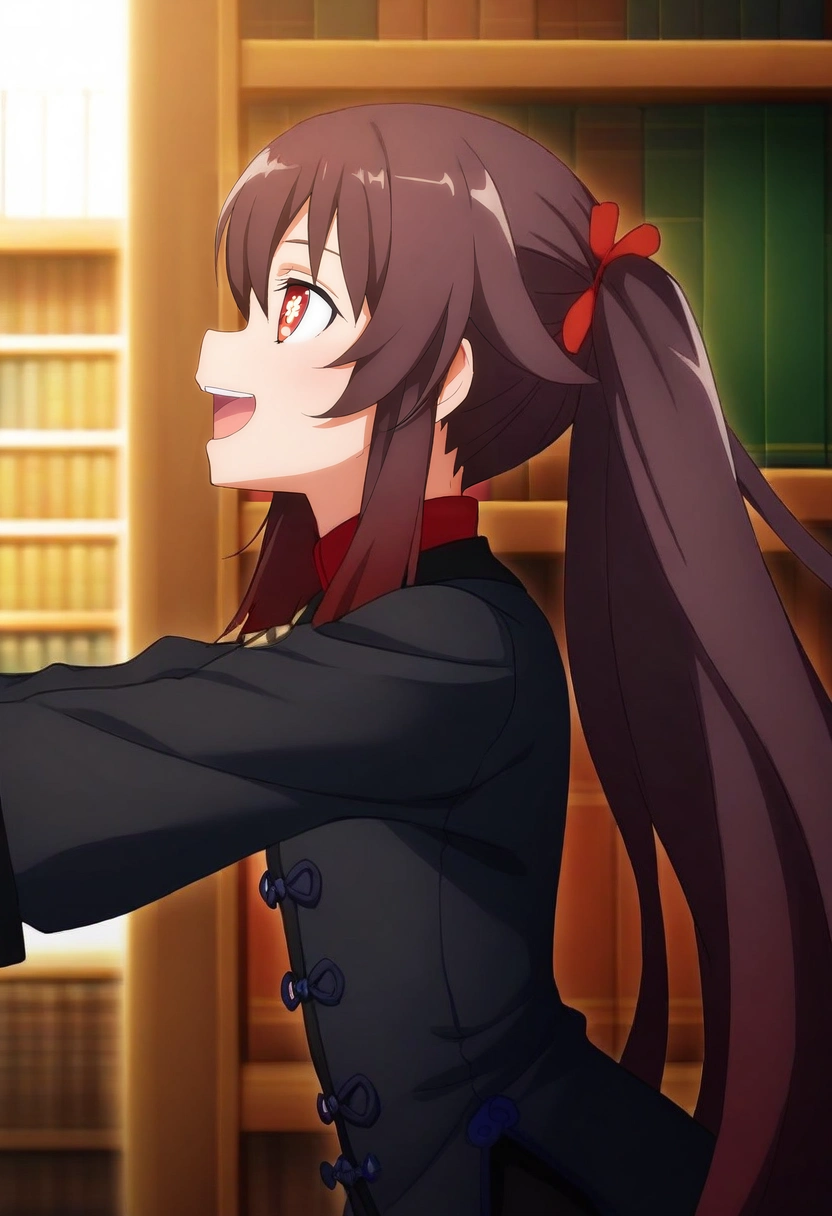 masterpiece, best quality, , intricate details, , , 1girl, hu tao, brown hair, red eyes, twintails, solo, profile, library, books, day, sunny, outstretched arms, laughing, <lora:sao_alicization_style_ilxl:0.92>, sao_alicization_style,