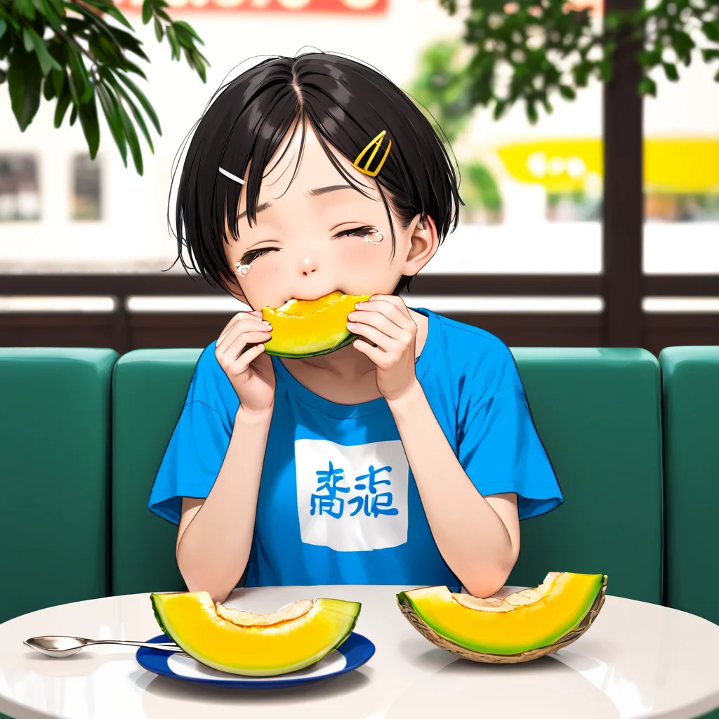 score_9, score_8_up, score_7_up, source_anime, best quality, perfect anatomy , very aesthetic , absurdres ,
1girl, young girl, small breast, very short hair, round face, hair clip on front hair,
graphic t-shirt, short pants, bare legs, sandal,
cafe, sliced melon, table, sitting,
rating_safe, upper body shot, eating, holding table-spoon, closed eyes, tearing up, yummy, <lora:melon_3x3x3mixxlv2_sdxl:1.3>,