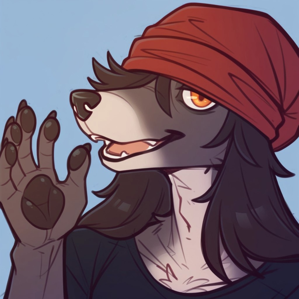 score_9, score_8_up, score_7_up, Expressiveh, masterpiece, best quality, highly detailed, realistic, (zPDXL3), 1girl, solo, (BossDWG, male furry, anthro, canine, red beanie, orange eyes, black nose, black hair, long hair, black body, black fur, tan muzzle, upper body, hair over one eye, black shirt), close-up, smile, open mouth, teeth,  5 fingers, paw pads, waving, claws, (blue background, simple background), (((looking at viewer)))