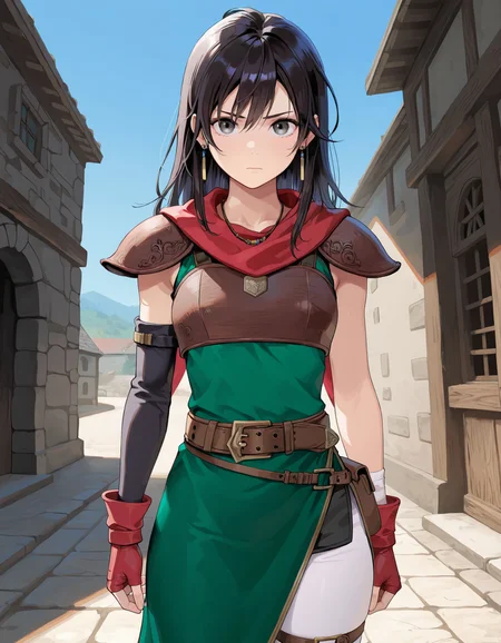 1girl,<lora:mareeta feh 2outfits_illustriousXL:0.8>,mareeta feh,earrings,necklace,red scarf,red gloves,fingerless gloves,asymmetrical gloves,shoulder armor,breastplate,green dress,brown belt,brown pouch,white pants,thigh strap,cowboy shot,standing,serious,blue sky,looking at viewer,masterpiece,best quality,amazing quality,