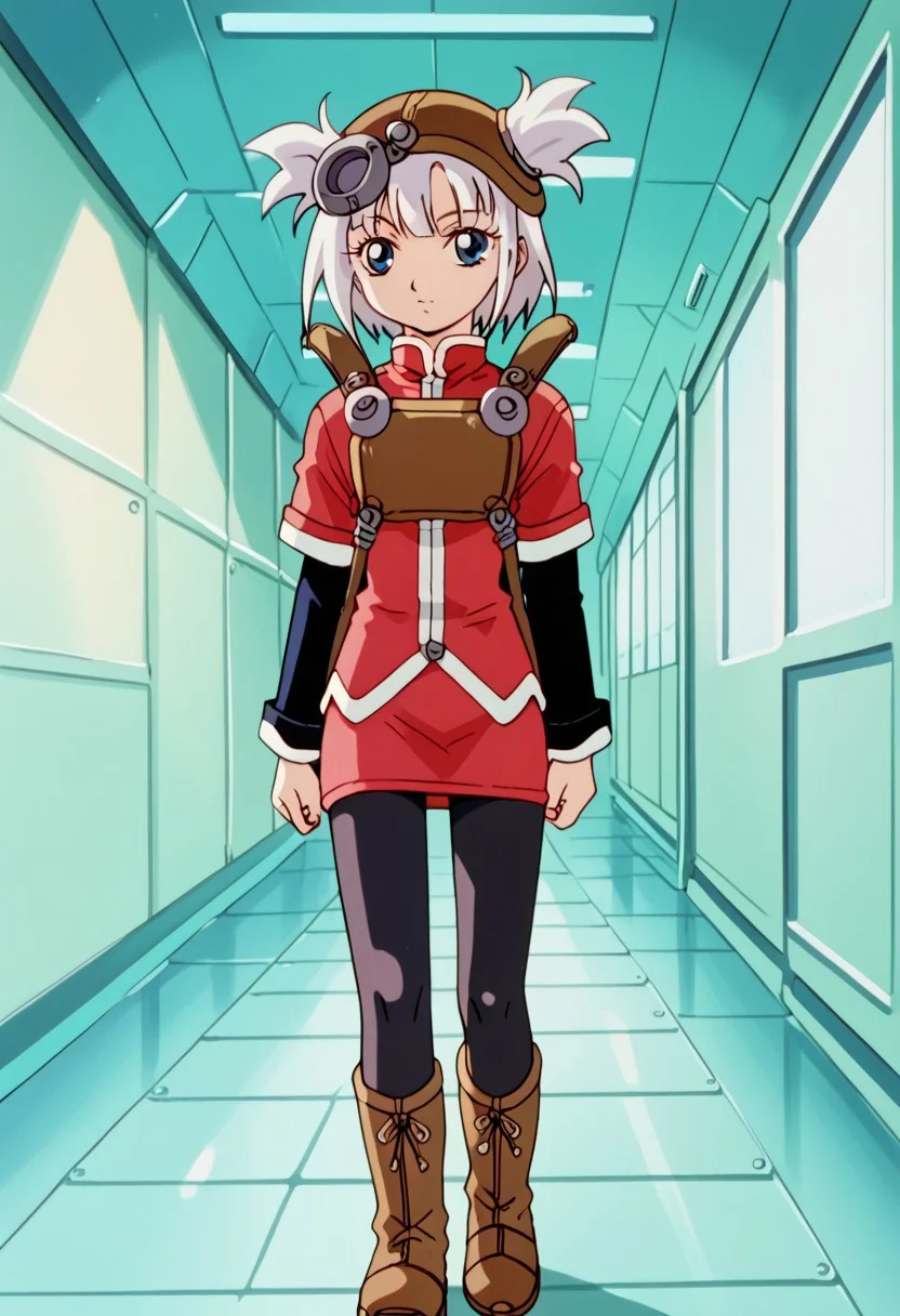 score_8, score_8_up, score_7_up, AWGXS, anime screenshot, retro artstyle,1990s (style), cel animation BREAK 1girl, female focus, solo, pratty_scs, white hair, helmet, hair through headwear, two side up, bangs, sidelocks, short hair, blue eyes, Mandarin collar, red jacket, chest guard, red skirt, layered sleeves, short over long sleeves, sleeve cuffs, sheath, pantyhose, black pantyhose, sheath, ankle boots, brown footwear, standing, indoors, spacecraft interior, freeden interior, hallway