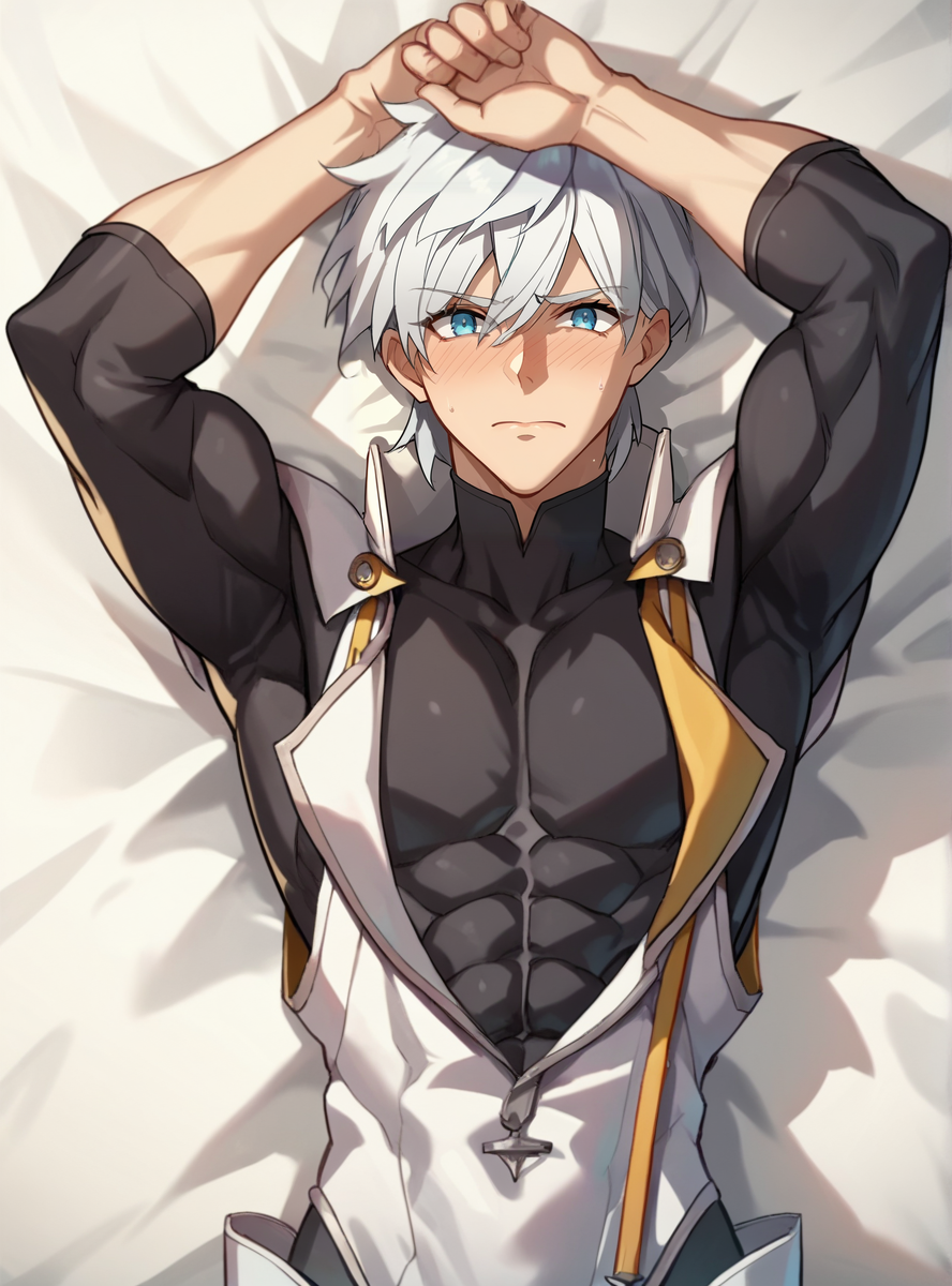score_9, score_8_up, score_7_up, score_6_up,source_anime anime screencap, anime coloring,   <lora:PercivalFGO:0.8>percivalfgo, solo, , blue eyes, short hair, white hair, looking at viewer, bodysuit,  abs, muscular,  lying on bed from above  arms over head, embarrassed,