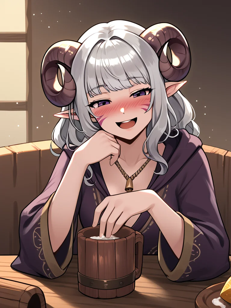 <lora:tavern_cup:1>wood cup, tarvern, cup, source_furry, score_7_up, rating_safe, cowboy shot, gold necklace, tiefing, short pointed ears, horns, (a pair of brown sheep Horns that begin at her temples and curve back: 1.5), bangs,long silver hair long wavy hair, pale skin,<lora:whisker_markings:0.8> whisker_markings:1.4 , pointy ears, purple eyes:1.2, <lora:age_slider_v4:0.6> medium breasts, skinny female, close up, silver hair, <lora:Tieflingnew weird fantasyDND:0.3> Tiefling, pointed ears, horns, naughty face, drunk, open mouth,smile,<lora:Smooth Style 2 SDXL_LoRA_Pony Diffusion V6 XL:0.5> shepherd's crook, bell, robe, hood off, <lora:Nanoless_Artist_Style_PonyXL:0.3> leaning table, simple background,