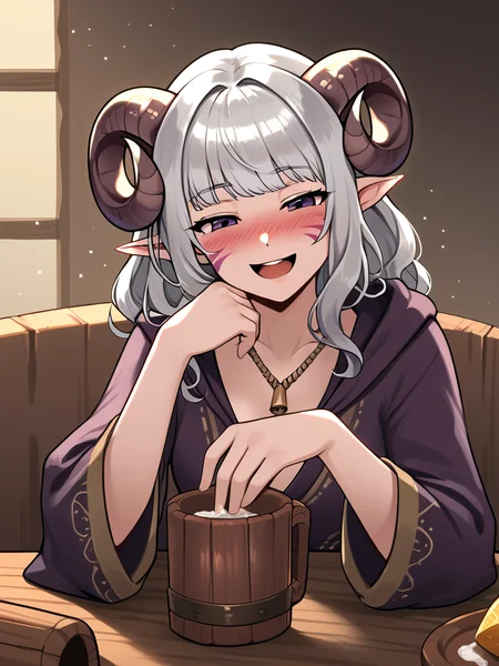 <lora:tavern_cup:1>wood cup, tarvern, cup, source_furry, score_7_up, rating_safe, cowboy shot, gold necklace, tiefing, short pointed ears, horns, (a pair of brown sheep Horns that begin at her temples and curve back: 1.5), bangs,long silver hair long wavy hair, pale skin,<lora:whisker_markings:0.8> whisker_markings:1.4 , pointy ears, purple eyes:1.2, <lora:age_slider_v4:0.6> medium breasts, skinny female, close up, silver hair, <lora:Tieflingnew weird fantasyDND:0.3> Tiefling, pointed ears, horns, naughty face, drunk, open mouth,smile,<lora:Smooth Style 2 SDXL_LoRA_Pony Diffusion V6 XL:0.5> shepherd's crook, bell, robe, hood off, <lora:Nanoless_Artist_Style_PonyXL:0.3> leaning table, simple background,