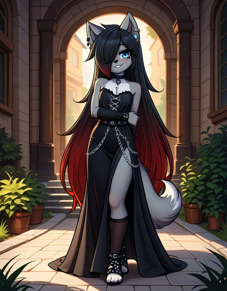 masterpiece, best quality, very aesthetic, absurdres,
outdoors,
full body, body, standing, posing,
goth fashion,
seductive smile, parted lips, long eyelashes,
<lora:Kayla_Kitsune_v01_NAIXL:1>
K41l4,1girl,solo,furry,furry female,very long hair,multicolored hair,black hair,red hair,gradient hair,hair over one eye,animal ears,earrings,blue eyes,freckles,snout,animal nose,choker,body fur,wolf tail,