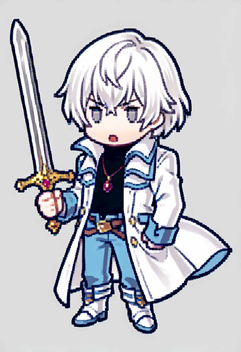score_9, score_7_up, source_anime, 1boy, open mouth, holding sword, <lora:Feh-Sprites-pdxl_Fp:1> simple background, chibi, full body, <lora:SomaCV-pdxl:1> soma, white hair, short hair, grey eyes, white coat, open coat, long sleeves, black turtleneck, pendant, brown belt, blue pants, boots, white footwear
