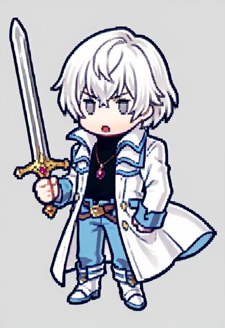 score_9, score_7_up, source_anime, 1boy, open mouth, holding sword, <lora:Feh-Sprites-pdxl_Fp:1> simple background, chibi, full body, <lora:SomaCV-pdxl:1> soma, white hair, short hair, grey eyes, white coat, open coat, long sleeves, black turtleneck, pendant, brown belt, blue pants, boots, white footwear