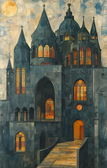 masterpiece,best quality,<lora:tbh312-sdxl:0.9>,illustration,designed by Adolf Loos Gothic revival cathedral with intricate spires and stained glass windows, bathed in moonlight
