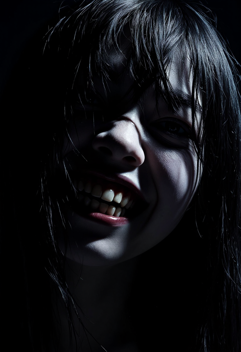 This haunting image depicts a female figure in high-contrast lighting, her dark, hollow eyes and wide, unsettling grin conveying malevolence and terror. The disheveled hair, pale skin, and void-like background amplify the supernatural and eerie atmosphere, evoking themes of possession, isolation, and fear of the unknown. The lighting and composition, reminiscent of classic horror cinema, create an image designed to unsettle and frighten viewers, making it an effective representation of psychological and supernatural horror.