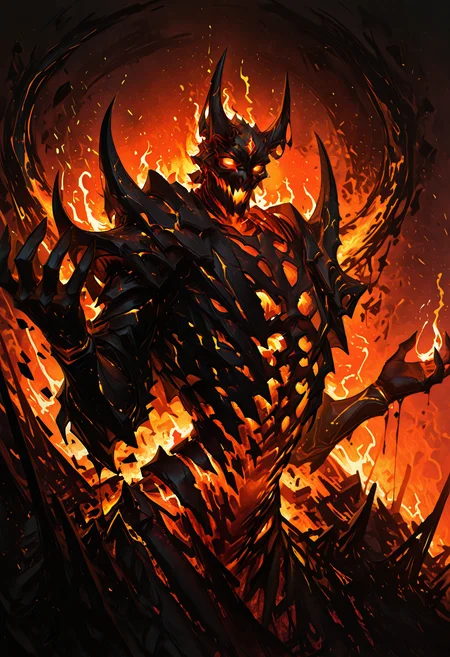 concept art  masterpiece, best quality, Good quality, very aesthetic, absurdres, solo, Cinematic Lighting, gradient color, gorgeous masterpiece, amazing quality, best quality,
<lora:sf:1> zxceblan, solo, molten rock, fire, glowing, no humans, armor, 1boy, horns, glowing eyes,  yellow eyes, looking at viewer,  teeth, monster , no legs, hands up, red souls, <lora:illustrious_h_v2:0.8> <lora:illustriousXL_stabilizer_v1.23:1>  <lora:96YOTTEA-WAI:0.6> <lora:748cmSDXL:0.7> 748cmstyle <lora:DarkerThanBlackIllustrious:0.8> . digital artwork, illustrative, painterly, matte painting, highly detailed