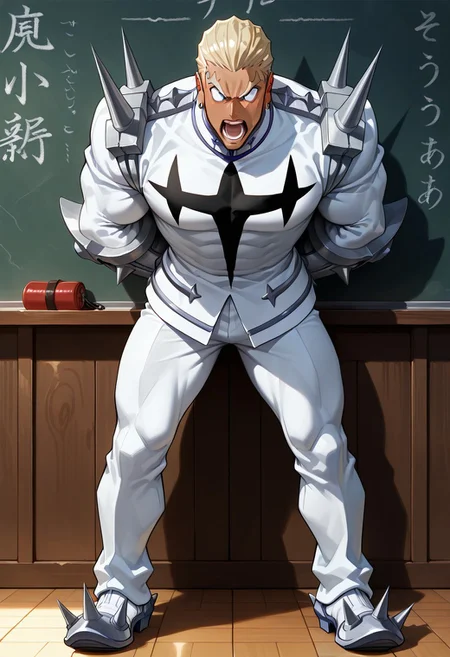masterpiece,best quality,amazing quality, 1boy, muscular male, gamagori_ira, bara, blonde hair, dark skinned male, tan, short hair slicked back, earrings, muscular, thick neck, honnoji uniform, collar, white outfit, white pants, gauntlets, spikes, shoulder spikes, chest insignia, spiky shoes, full body, screaming, arms behind back, kill la kill, classroom background, blackboard