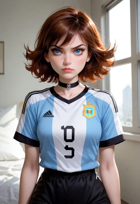 score_9, score_8_up, score_7_up, BREAK, 1girl, solo, janet van dyne, short hair, brown hair, multicolored hair, blue eyes, big eyes, choker, young woman, argentina soccer uniform, black shorts, natural look, sunny, soft lighting, emotional, grainy, looking at a window, expressiveh, pout