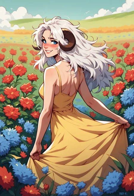 niji comix style, white hair, long hair, messy hair, ribbon, outdoors, sheep horns, blue eyes, yellow sundress, flowers, colorful flowers, red flowers, blue flowers, field, from behind, looking back, smile, blush, comic art style, illustration PnyCmicPosXL
zPDXL2