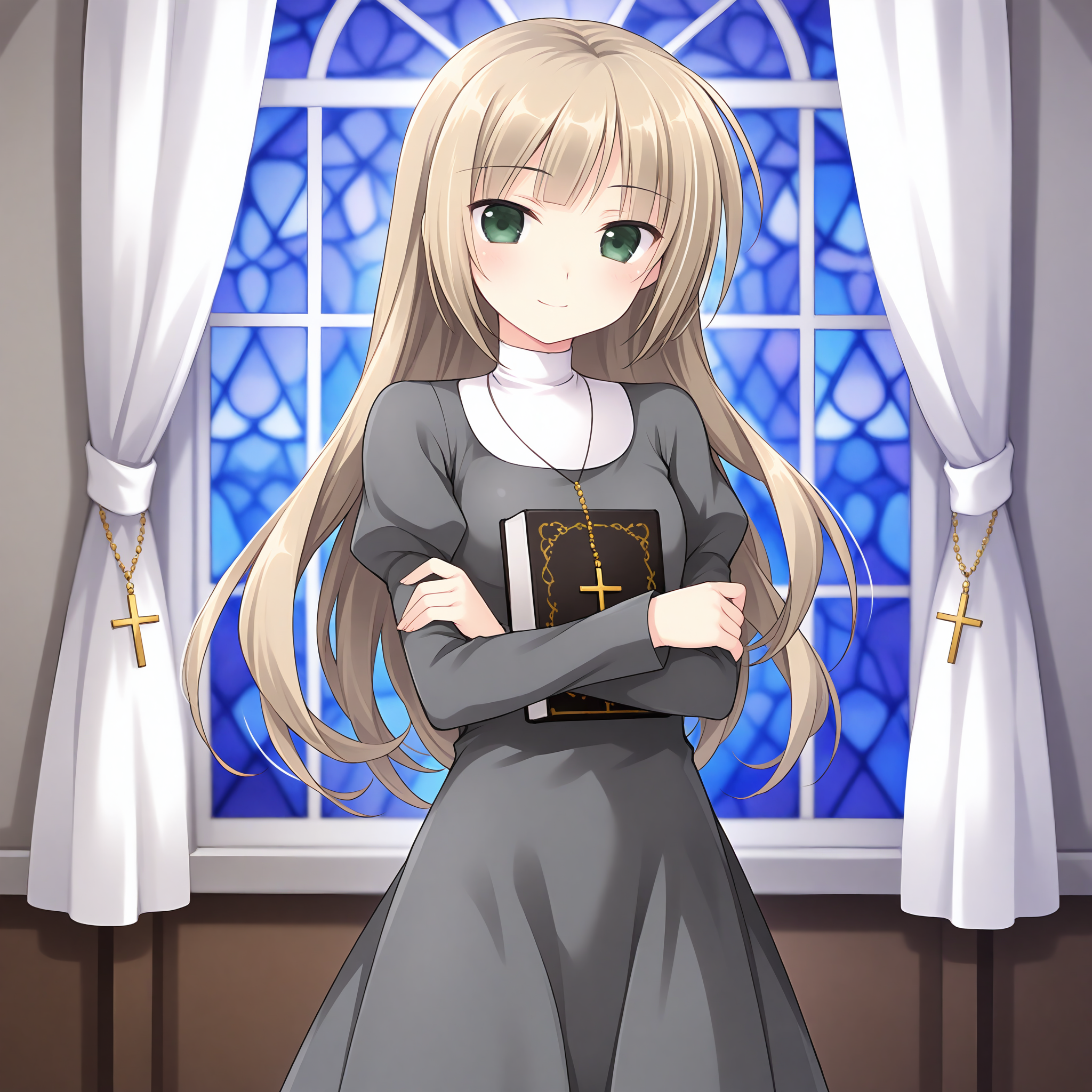 <lora:Lili_1_nai-000026:1>,Lili,
jewelry,cross necklace,official outfit,traditional nun,grey dress,white collar,puffy sleeves,long sleeves,
1girl,solo,smile,window,standing,curtains,looking at viewer,front view,cowboy_shot,holding book,crossed arms,