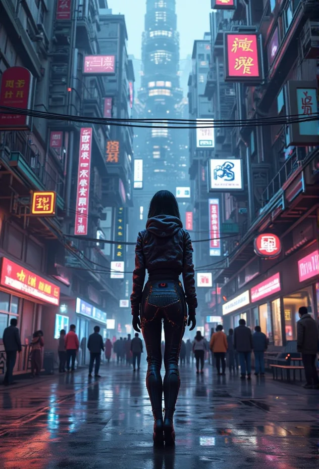 A medium shot of a cyberpunk character in a bustling neon cityscape . The scene is highly detailed and realistic, capturing the essence of dystopian aesthetics, with intricate elements like metallic structures .<lora:bv-cybstyenh-v1.safetensors:1.0:1.0>
