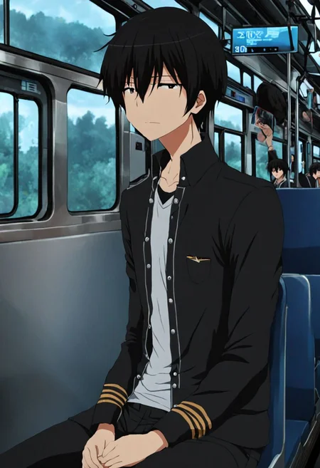 high resolution, solo, best quality, 1Boy, Kanie Seiya, Black Hair, train, inside train, OverallDetail