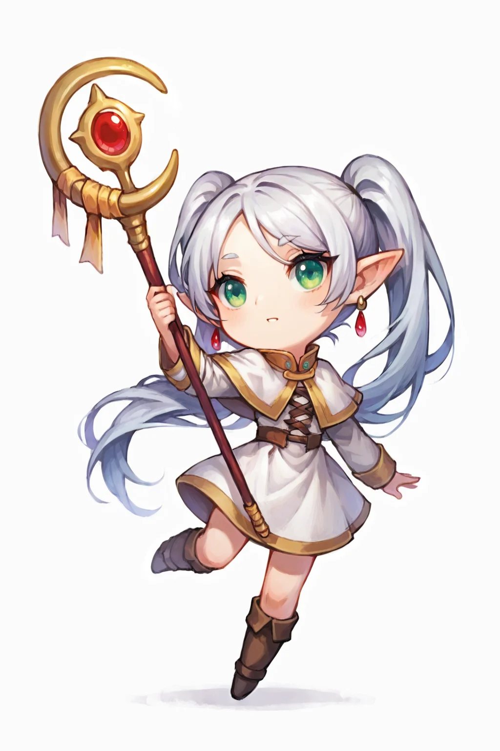 score_9, score_8_up, score_7_up, source_anime, highly detailed, 1girl, nereirfpnxl, frieren, chibi:0.3, pointy ears, green eyes, twintails, staff, very long hair, earrings, elf, white capelet, long sleeves, dress, white dress, simple background, white background, <lora:justduet_SDXLPONY_r70_768_dim32-a4-adamW-000009:0.6>, <lora:frieren_nereirfpnxl_pony_v2:0.3>