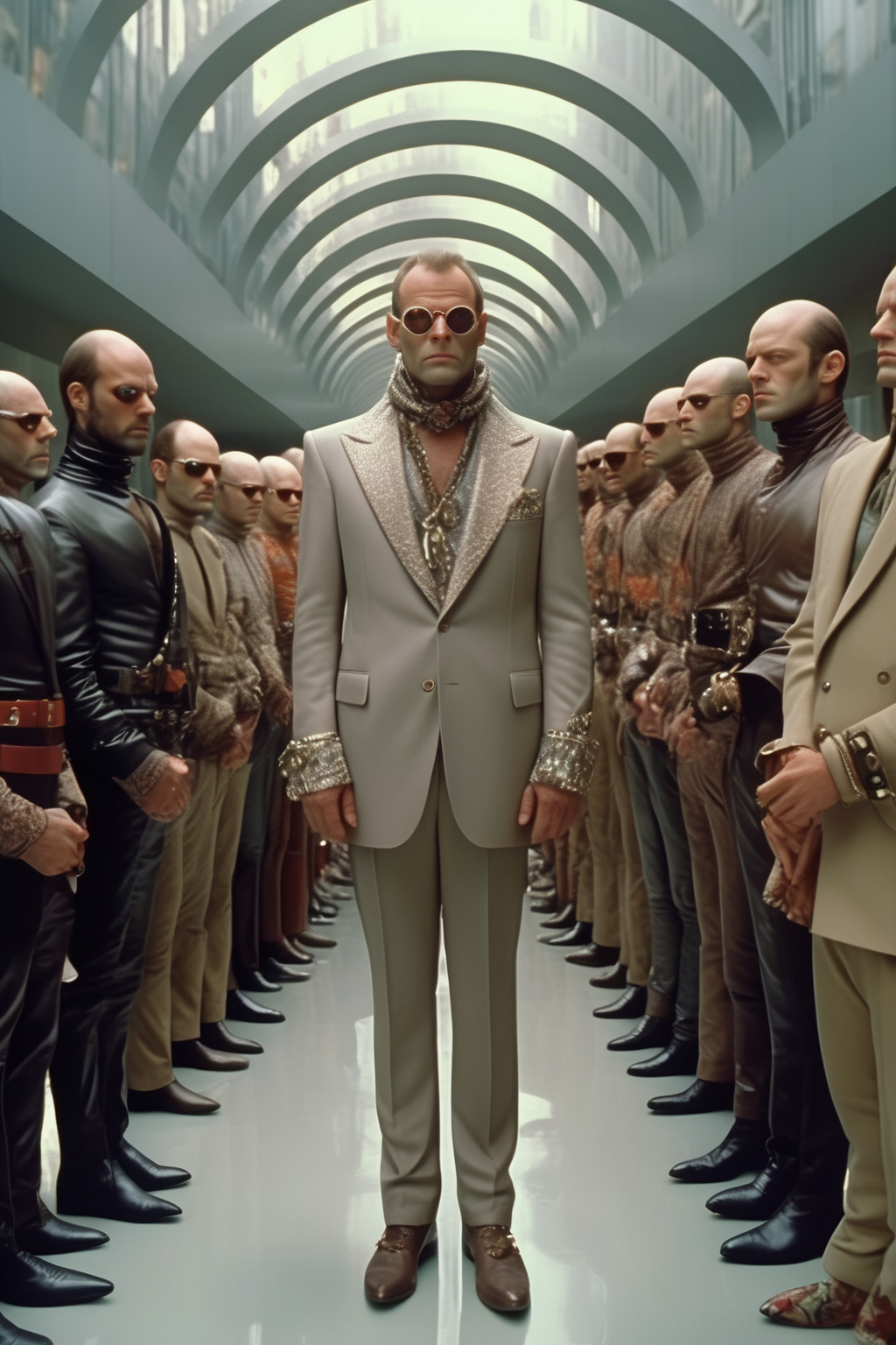 <lora:Terry Gilliam Style:1>Terry Gilliam Style - Immerse yourself in Terry Gilliam's contemporary and stylish realm, where the camera focuses on the thief's knee, adorned in a sleek Gucci suit, restrained by handcuffs on the bustling downtown street. Against the backdrop of modernity, a group of fashion-conscious police officers, their attire mirroring the city's cutting-edge culture, gather in a circle, creating a visually captivating juxtaposition of power and sartorial elegance. Directed by Terry Gilliam.film still,Photorealistic
