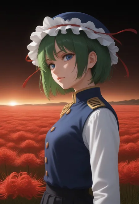1girl, solo, solo focus, highres, absurdres, shikieiki, green hair, frilled hat, blue eyes, blue headwear, short hair,
long sleeves, black skirt, white shirt, blue vest, red ribbon, epaulettes, small breasts, arm ribbon, buttons, 
looking at viewer, head tilt, from side, 
red spider lily, flower field, night sky, red sky, dark, red theme,