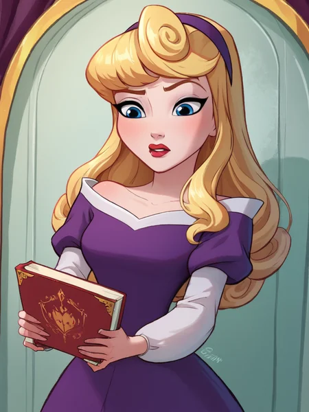 score_9, score_8_up, score_7_up, princessaurora, 1girl, blue eyes, blonde hair, makeup, lipstick, purple dress, holding book,    <lora:princesscomic_pony_v1:0.95>