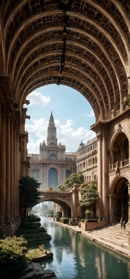 score_8-up, score_7_up, landscape, majestic building, perfect architecture, straight lines, detailed sculptures, original point of view, horizontal lines, perfect contrasts, detailed dark shadows, lossless details highlights, innovative composition <lora:Majestic-Fantasy-Architecture_ponyXL_LOREVER:0.9> mafarch, scenery, outdoors, building, geometric shapes, bold colors, luxurious, elegant, decorative, symmetrical, ornate, detailed trees, dramatic sky, water