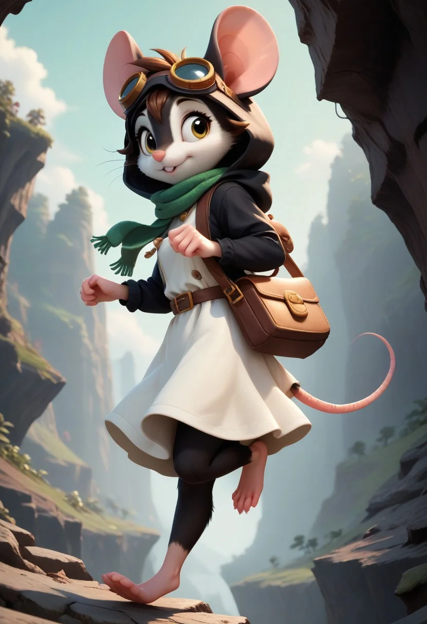 score_9, score_8_up, score_7_up, zPDXL2, detailed background, concept art, source_anime, 1girl, BREAK anthro mouse girl, tiny, mouse tail, cute, green eyes, brown fur, hooded, jumping pose, white dress, bottomless, mouse tail, cute, lidded eyes, hooded, green scarf, rustic town in the distance, goggles, black cloak, (black fur), white pattern on fur, yellow eyes, green scarf, fluffy, brown hair, white dress, light pink fur, bottomless, from side, satchel on waist, bag, from above, from side, in dark cave, countryside, climbing rocky cliffside, from below,
