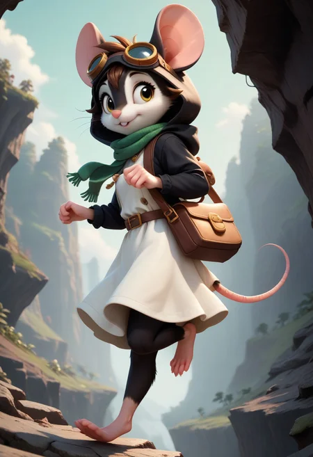score_9, score_8_up, score_7_up, zPDXL2, detailed background, concept art, source_anime, 1girl, BREAK anthro mouse girl, tiny, mouse tail, cute, green eyes, brown fur, hooded, jumping pose, white dress, bottomless, mouse tail, cute, lidded eyes, hooded, green scarf, rustic town in the distance, goggles, black cloak, (black fur), white pattern on fur, yellow eyes, green scarf, fluffy, brown hair, white dress, light pink fur, bottomless, from side, satchel on waist, bag, from above, from side, in dark cave, countryside, climbing rocky cliffside, from below,