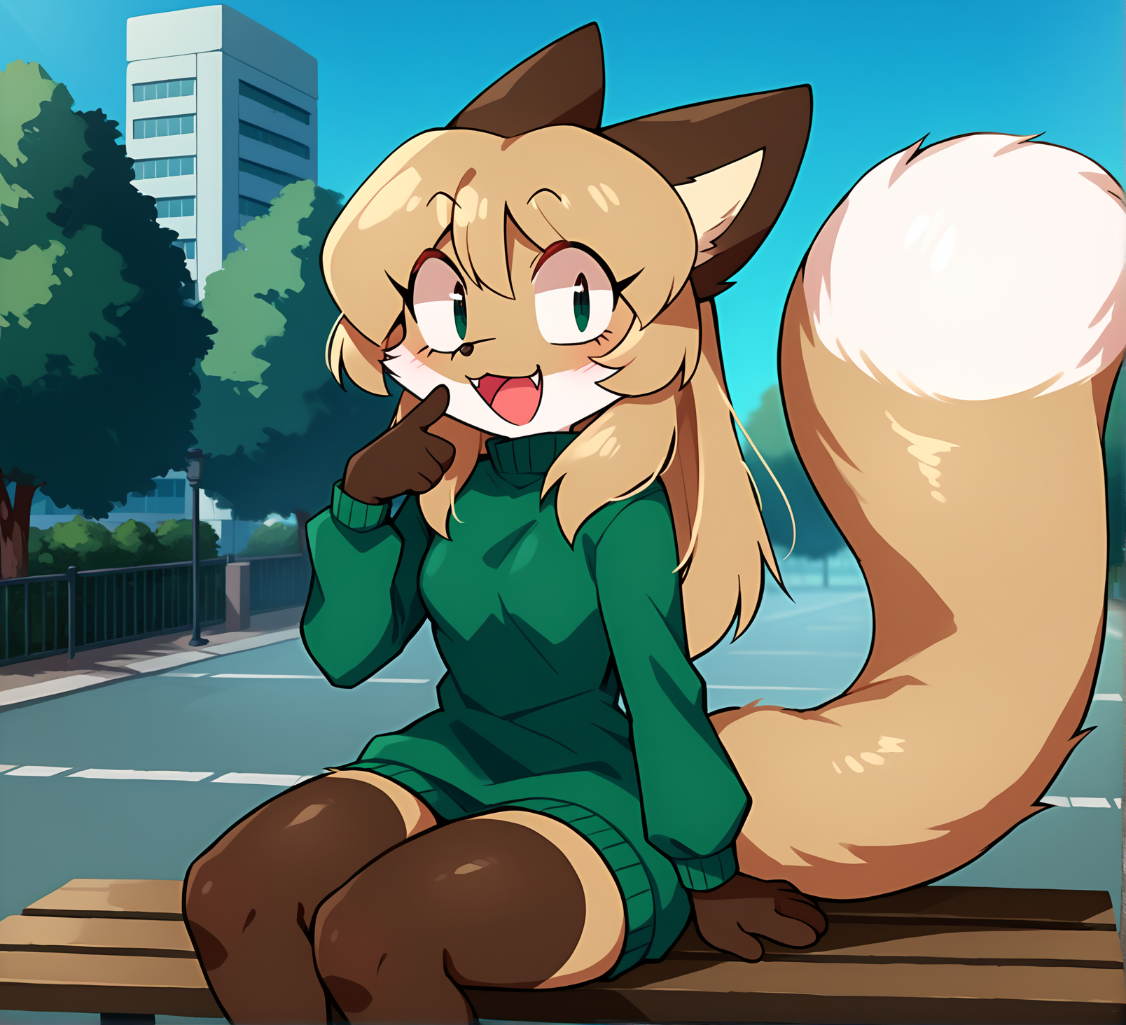 score_9, score_8_up, score_7_up, score_6_up, score_5_up, score_4_up, rating_safe, source_furry, detailed background, modern building in background, 1girl,female anthro fox  sitting on bench
BREAK
female, furry, anthro,(fox:1.1), fox tail, (cute expression, cute face:1.1),   snout,  smiling at viewer, :3, open mouth, smug, small breasts,   <lora:Averi_the_fox-000011:1>  green eyes, green sweater,
BREAK