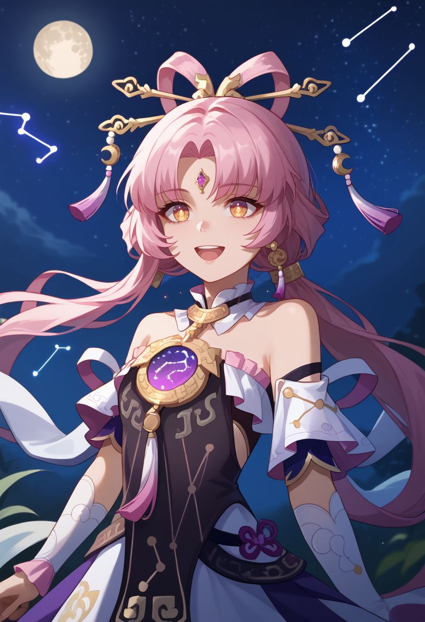 score_9, score_8_up, score_7_up, source_anime, 1girl, fuxuandef, yellow eyes, pink hair, long hair, low twintails, bow-shaped hair, parted bangs, forehead jewel, hair stick, hair ornament, earrings, jewelry, bare shoulders, detached sleeves, dress, tassel, bridal gauntlets, white pantyhose, constellation print, standing, open mouth, smile, looking up, outdoors, sky, star (sky), moon, night, close-up, facing viewer, upper body, <lora:Fu_Xuan_v1-000010:1>