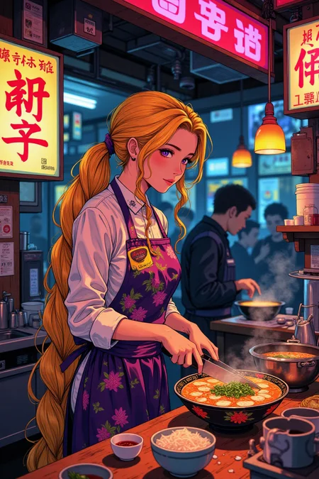 Illustration depicting neon-lit Akihabara in 1990s, Tokyo's electric heart, Rapunzel found her rhythm. Amid ramen steam and flickering signs, she stood at a bustling stall, golden hair tied back, apron patterned in vibrant hues. With precision, she sliced onions—each cut a rhythmic beat, a ritual honed from tower-bound years. Her deft hands selected the perfect蔬果, layering depth into simmering broth. Customers watched, drawn by aroma and grace—a modern fairytale unfolding in real time. Behind her poised professionalism, laughter hinted at joy rediscovered. Her ramen, rich with flavor and resilience, became a symbol: even in chaos, one can thrive, c0mix2